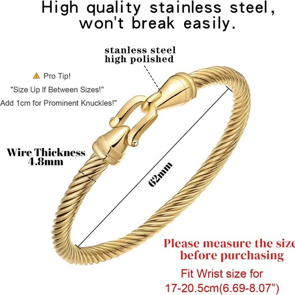 Stainless Steel Twisted Cable Wire Bracelets with Hook Adjustable Cuff Bangle Br - Picture 4 of 7